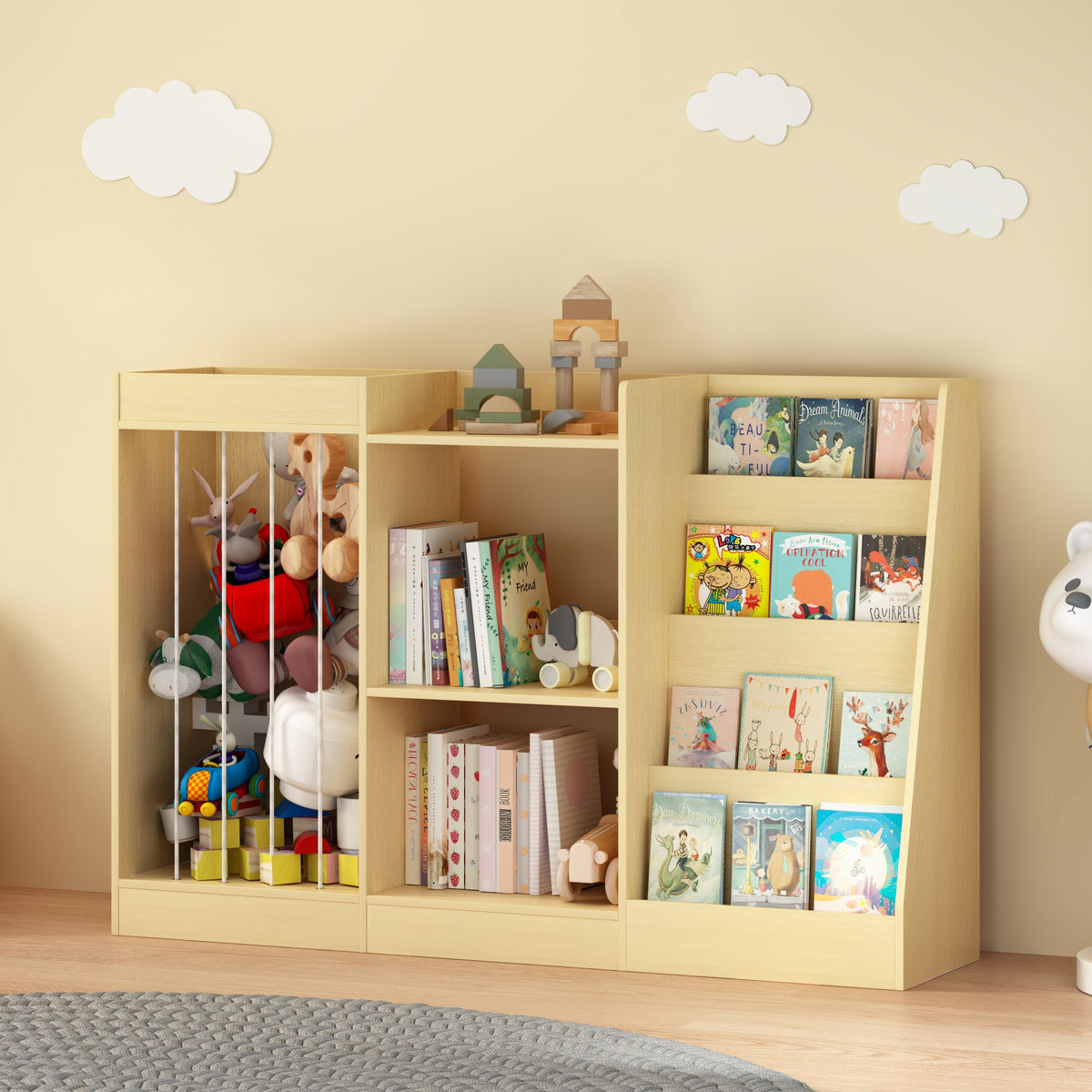 3-in-1 Kids Bookshelf and Toy Storage, 4-Tier Book Shelf for Kids Rooms, Sling Baby Bookcase with Stuffed Animal Storage, Toddler Montessori Bookshelf for Nursery, Playroom, Kindergarten, Natural