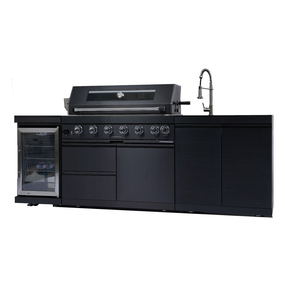 43-Inch 6-Burner 85000 BTU Deluxe Stainless Steel Gas Outdoor Kitchen Bar Barbecue Island Grill + Wine Cooler Compact Refrigerator + Rotisserie kit + Granite Countertops + Stainless steel Sink