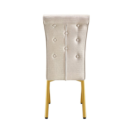 A set of 2 beige and gold vintage crocodile leather cushioned dining chairs, featuring crystal clasp design and artificial leather design, adding a touch of elegance and mystery to the dining area