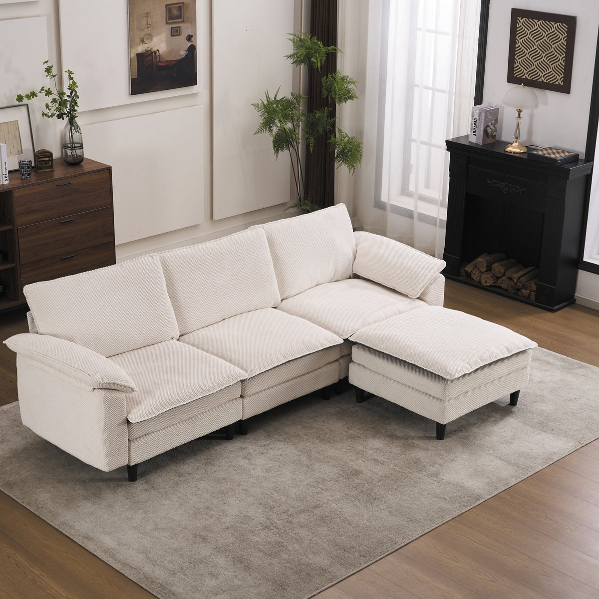 100.39" Black & White Two-Tone L Shaped Cloud Sofa, Modular Sectional with Ottoman, 3-Seat Chenille Deep Seat and Pillow - Perfect