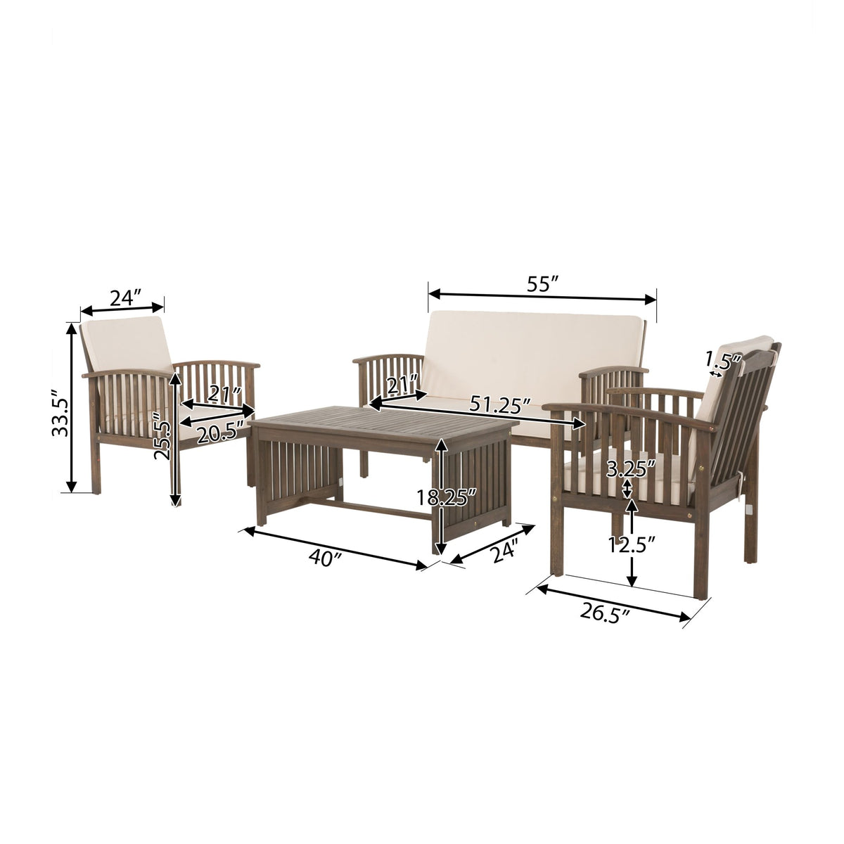 4-Piece Outdoor Chat Set with Water Resistant Cushion and Wood Frame, Cream and Grey