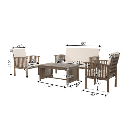 4-Piece Outdoor Chat Set with Water Resistant Cushion and Wood Frame, Cream and Grey