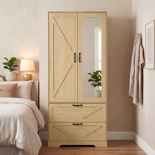 2 Door Wood Wardrobe for Bedroom with Hanging Clothing Rod inside the Cabinet and 2 Drawers for Storage Organization – Natural