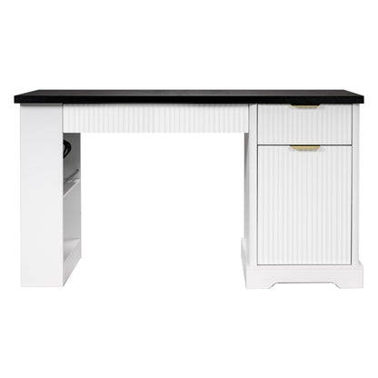 55" Modern Fluted Office Desk with Storage Cabinet & Drawers, Computer Writing Desk with Power Outlet, Pegboard