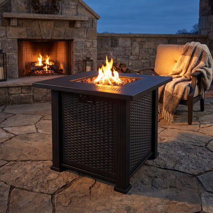 27.95" Modern Outdoor Fire Pit Table with Lava Rocks, Propane Fire Pit, Black Steel