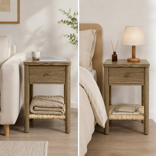 Antique Grey Ainsley Nightstand Side End Table with Rounded Edge Tabletop, Solid Wood Round Legs, Woven Jute Storage Shelf & Drawer, for Bedroom Living Room