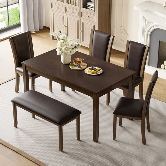 6-Piece Dining Table Set with Bench and Chairs, Wooden dining table set for 6 people, Farmhouse Rustic Style 6 Person Dining Table Set