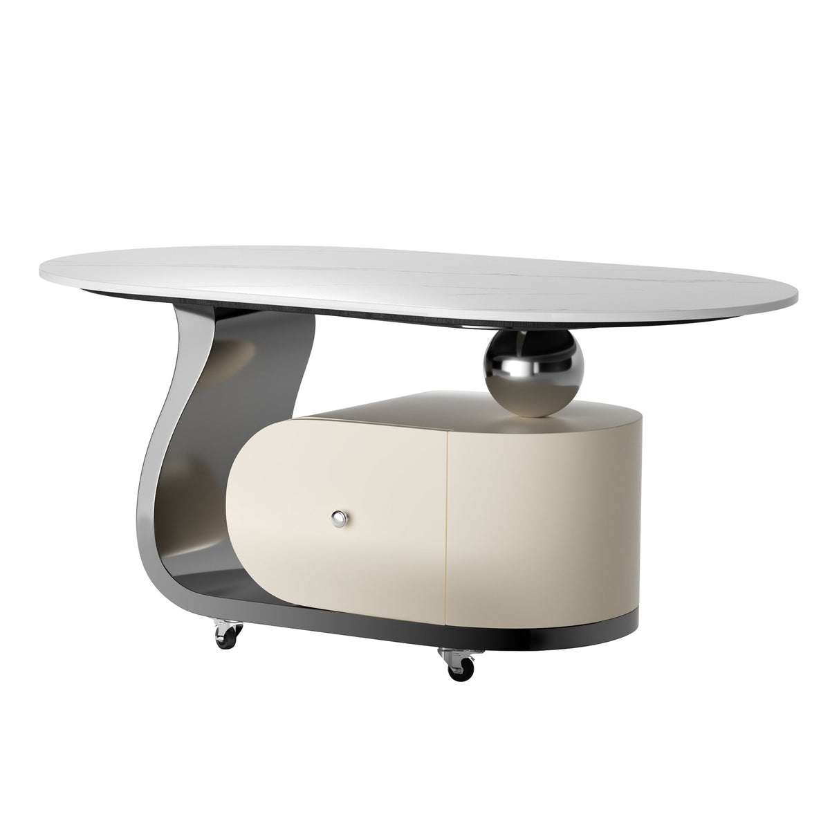 39.4" Sintered Stone End table with Drawer, Stainless Steel Base & 4 Lockable Casters, Modern Mobile Oval Coffee Table for Living Room, Easy Assembly (Gray)