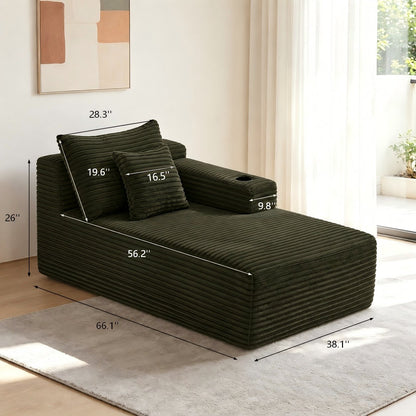37.5-inch right chaise longue with velvet, cup holder, flexible matching, mainly for living room use. (Plush Fabric)Green