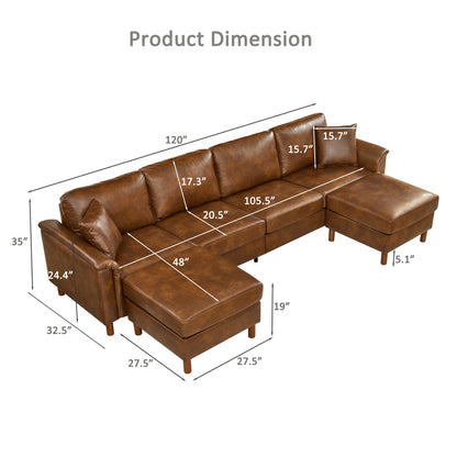 120" Sectional Sofa with Two Removable Storage Ottomans,Upholstered Breathable PU Leather Sectional Couch,Faux Leather Sofa,Vintage Brown