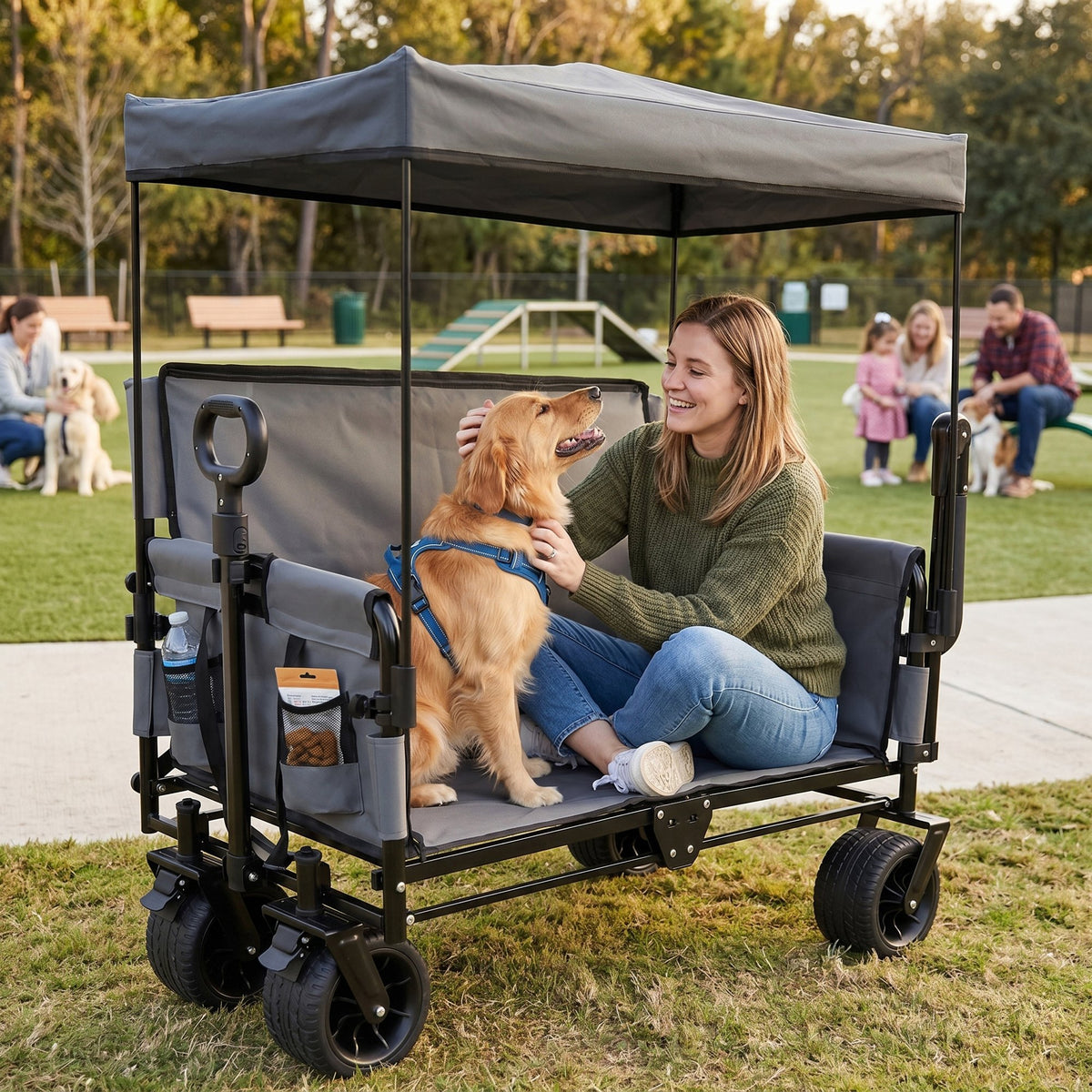 3-in-1 Folding Wagon Cart with Bench Seat & Canopy & Storage, 500lbs Heavy-Duty, 180L Capacity, All-Terrain Wagon for Camping, Beach, Sports, & Garden, Gray
