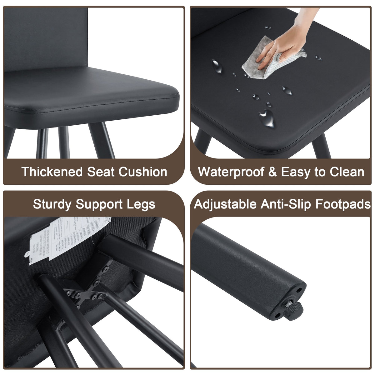 7-Piece Dining Table Set for 6, 1 Table & 6 Black PU Upholstered Chairs, Black & Wood Grain Melamine Table, Modern Kitchen Nook Set