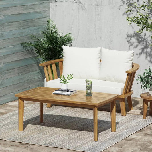 2 - Person Outdoor Acacia Wood Patio Seating Group with Cushions and Coffee Table for Porch, Garden, Backyard, Balcony, Teak Finish, White