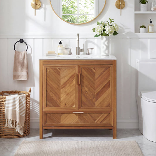 30 Inch Freestanding Farmhouse Bathroom Vanity with Integrated White Ceramic Sink Top, Smooth Finish Natural Acacia Wood Veneer Herringbone Chevron Cabinet, Soft Close Doors & Full Extension Drawer, B