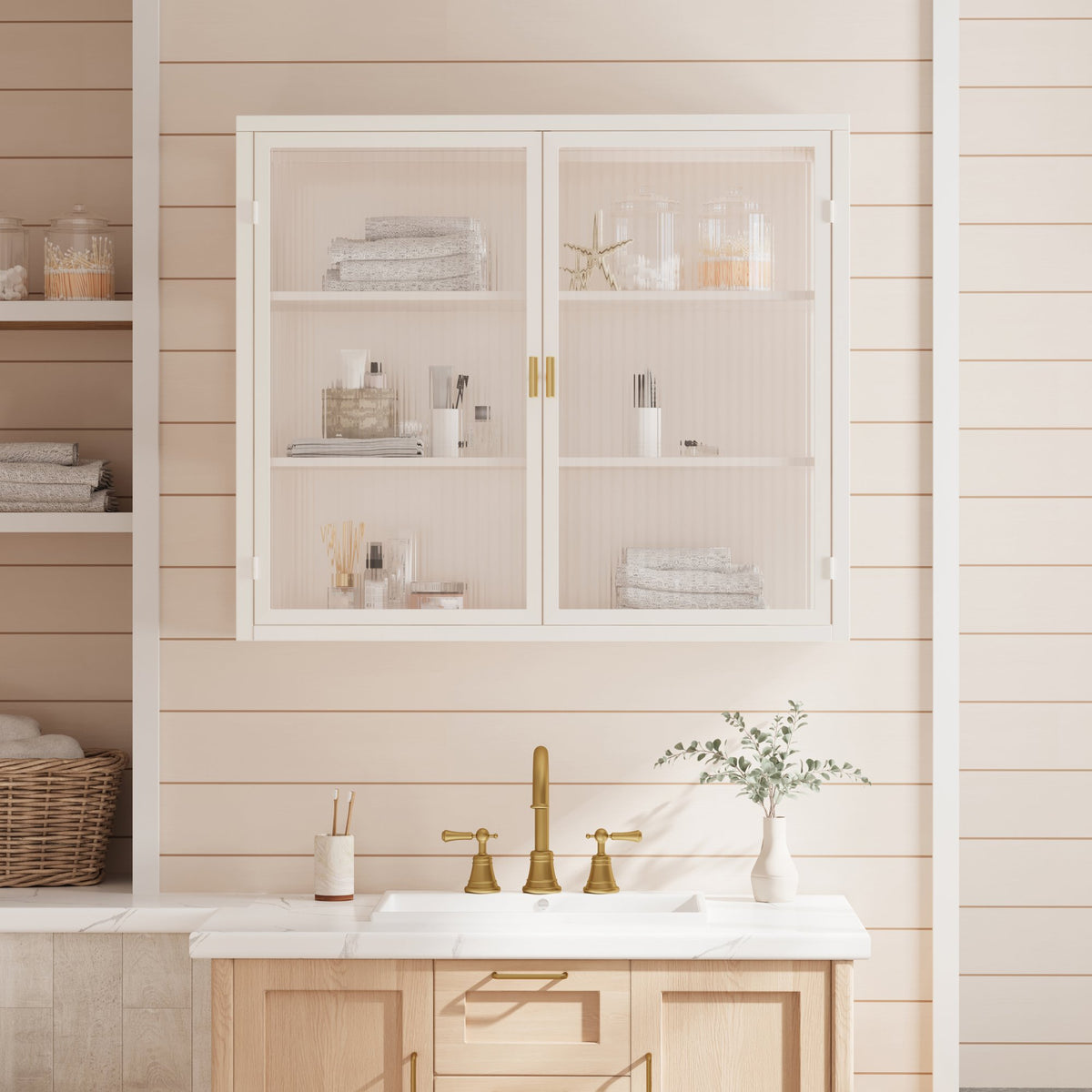 27.56"Glass Doors Modern Two-door Wall Cabinet with Featuring Three-tier Storage for Entryway Living Room Bathroom Dining Room,White(same sku:W757119328)