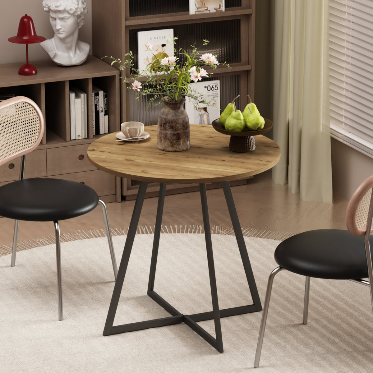 31.5 Inch Round Dining Table, Small Circle Kitchen Table with Metal Black Legs for 2-4 people, Modern Dining Room Table, Brown (only table) – Natural