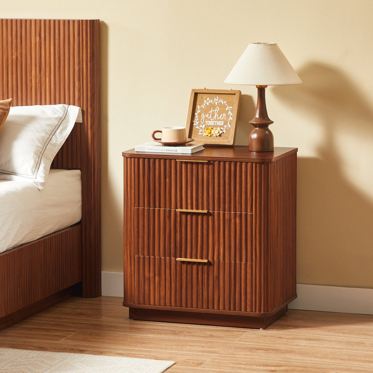 3 Drawers Nightstand Set of 2, 23.6'' Wide Modern Chest of Drawers Curved wave Design, Wood Drawer Organizer, Walnut