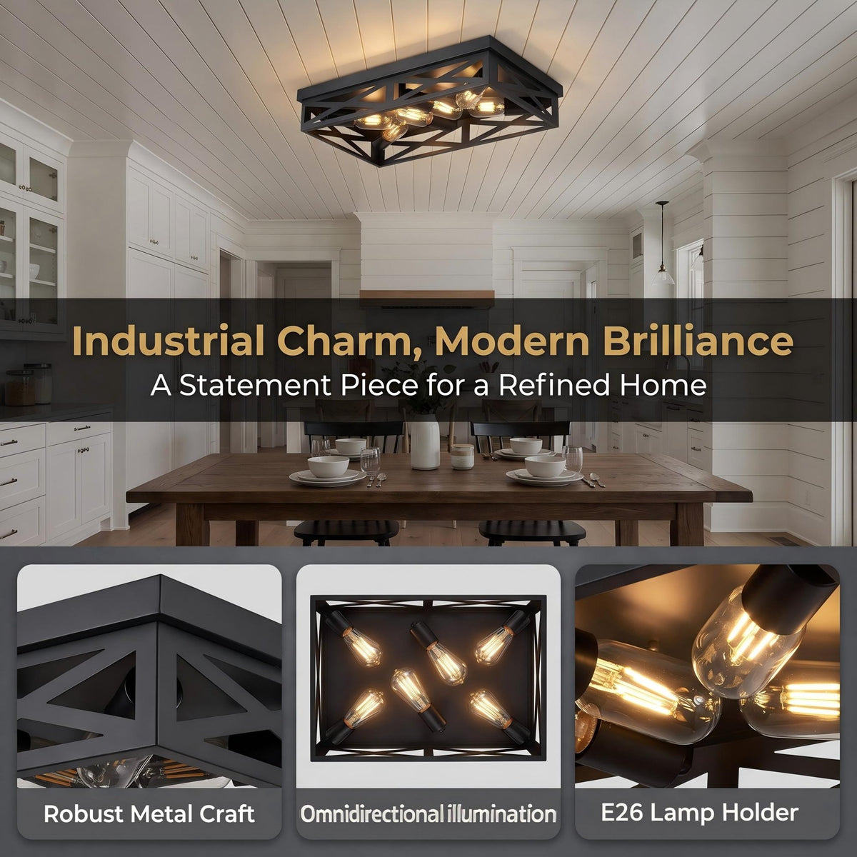 6-Light Matte Black Farmhouse Square Flush Mount Ceiling Light, Vintage Hollow Geometric Iron Cage Ceiling Lamp, Industrial Close to Ceiling Lighting for Dining Room, Bedroom-1 Pack(No light bulb)