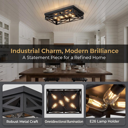 6-Light Matte Black Farmhouse Square Flush Mount Ceiling Light, Vintage Hollow Geometric Iron Cage Ceiling Lamp, Industrial Close to Ceiling Lighting for Dining Room, Bedroom-1 Pack(No light bulb)