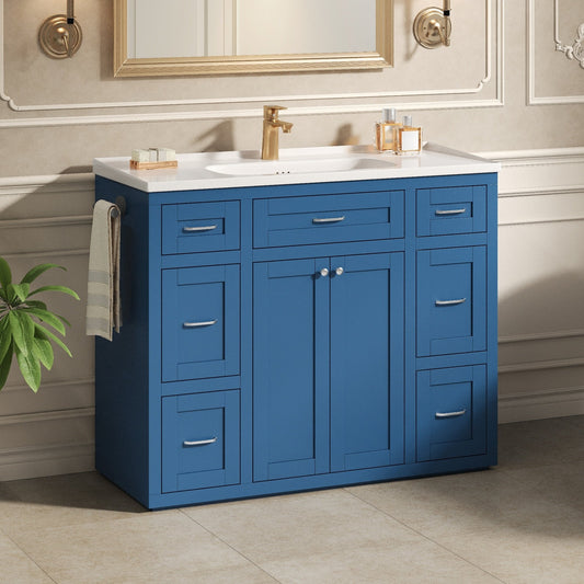 48" Navy Blue Bathroom Vanity with Ceramic Sink – 6 Drawers (3 Each Side), Center Flip-Out Drawer, Soft-Close Double Doors, Reversible Side Towel Rack, Silver Handles, MDF