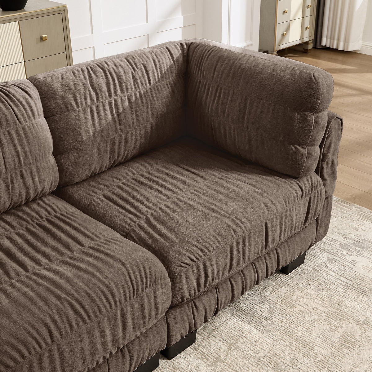 4 Seat Ruched Detailing Chenille Modular Sectional Sofa,Movable Ottoman,High-Density Foam,L Shape Thickened  Back Cushions,Easy Assembly,For Living Room,Bedroom,Brown
