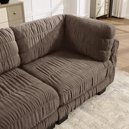 4 Seat Ruched Detailing Chenille Modular Sectional Sofa,Movable Ottoman,High-Density Foam,L Shape Thickened  Back Cushions,Easy Assembly,For Living Room,Bedroom,Brown