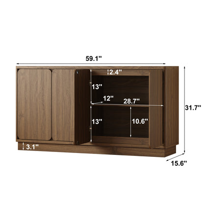 59.1 Inch Walnut 4-Door Sideboard Buffet Cabinet, Particle Board Storage Credenza with Adjustable Shelves, Wide Console Storage Cupboard for Dining Room, Kitchen, Living Room & Entryway