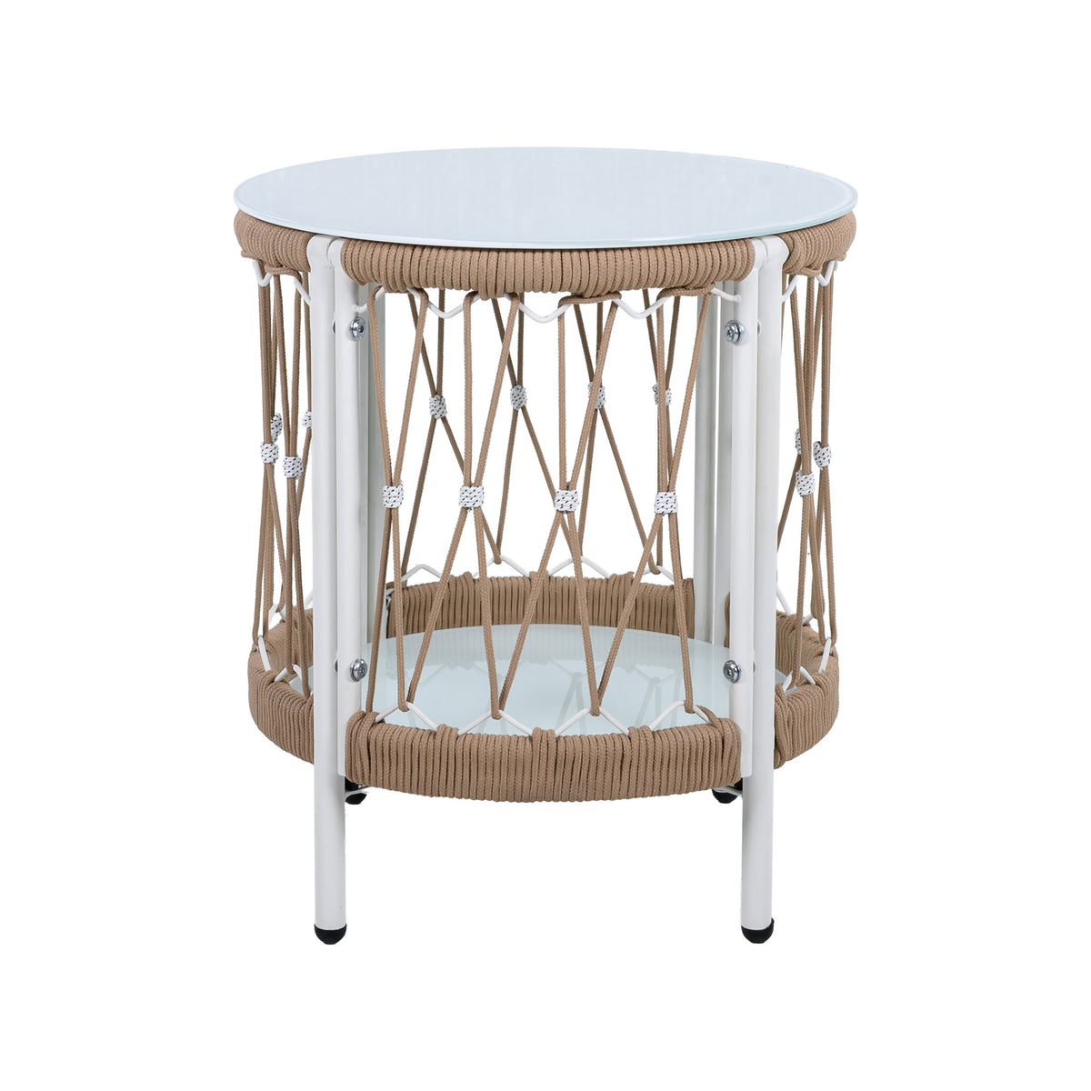 17.32" Bohemian Garden Accent Outdoor Side Table - Handwoven Rope with Powder-Coated Steel Frame, Glass Top
