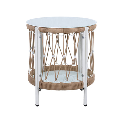 17.32" Bohemian Garden Accent Outdoor Side Table - Handwoven Rope with Powder-Coated Steel Frame, Glass Top