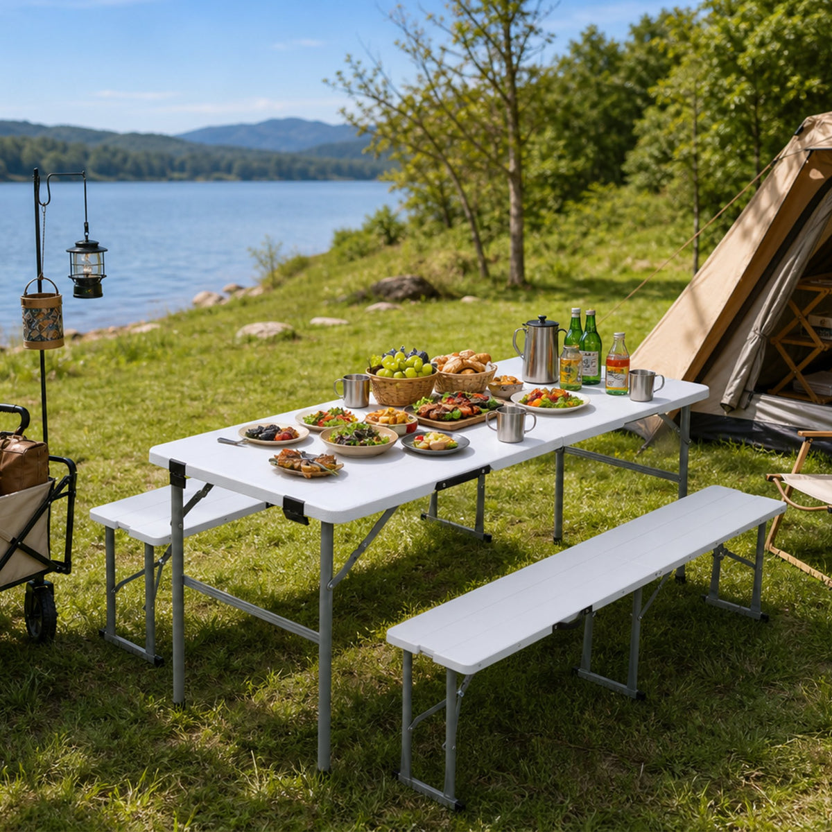 70Inch Portable Folding Picnic Table Set with 2 Benches,3‑Piece Indoor Outdoor Folding Furniture Set,Wood Grain Tabletop for Camping,Backyard Party,Picnic,Wedding Gatherings,White