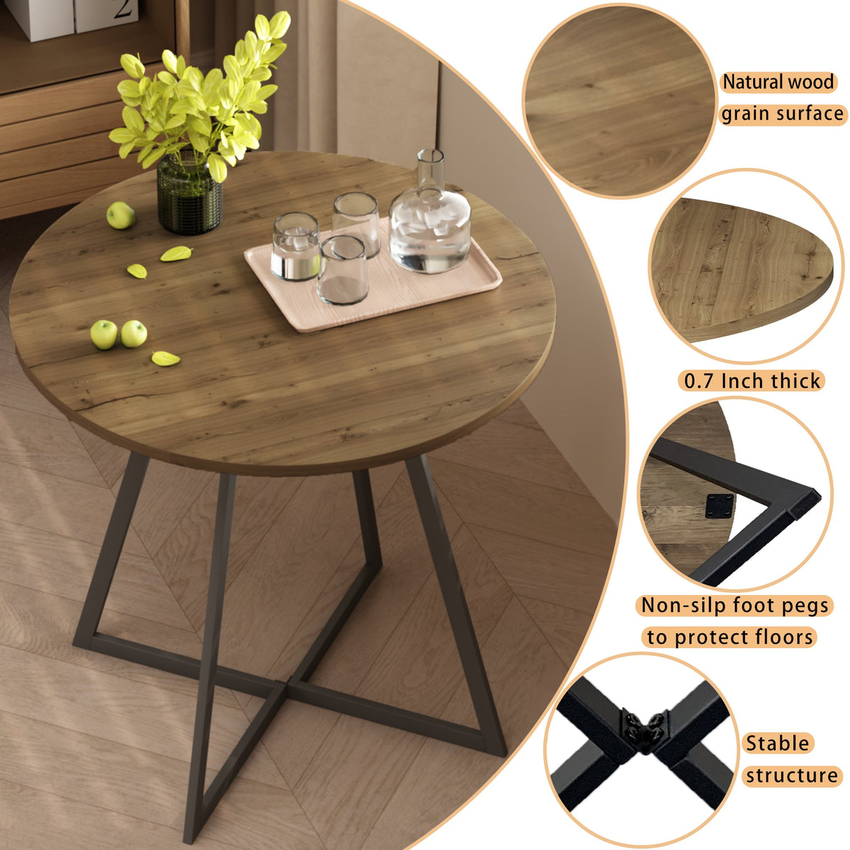 31.5 Inch Round Dining Table, Small Circle Kitchen Table with Metal Black Legs for 2-4 people, Modern Dining Room Table, Brown (only table) – Natural