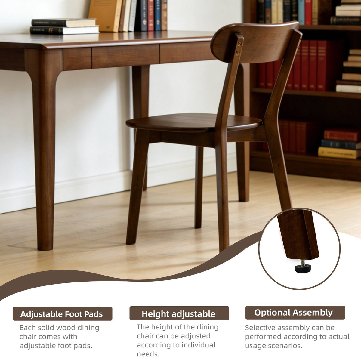 100% Natural Solid Wood Dining Chairs Set of 2, Mid Century Modern Dining Chairs with Curved Backrest