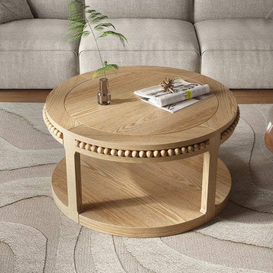 31.5 Inch Round Solid Wood Coffee Table & Sofa Table - Two-Tier Thickened Top, Sturdy Legs, Circle Table - Natural Wood