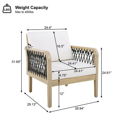 4-Piece Acacia Wood Outdoor Patio Furniture Set, All-Weather Conversation Sofa Set with Rope Woven Armrests, Removable Cushions for Backyard Garden,Light teak+Dark grey rope+Cream cushion