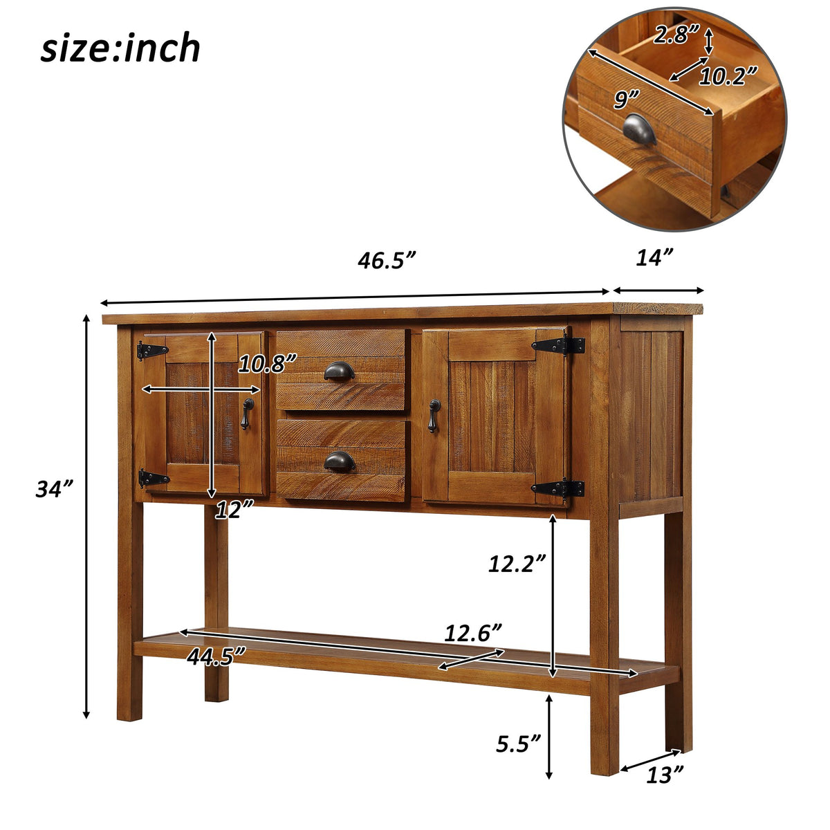 46'' Solid Wood Sideboard Console Table with 2 Drawers and Cabinets and Bottom Shelf, Retro Style Storage Dining Buffet Server Cabinet - Brown