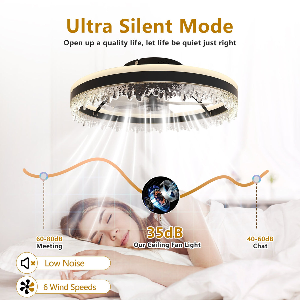 20-inch Black Smart Ceiling Fan Light with Silent Function, Multi-Speed Adjustment, Study Room