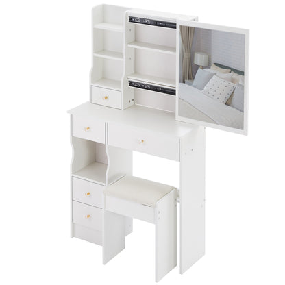 29.2" Small Space Left Drawer Desktop Vanity Table + Cushioned Stool, Extra Large Right sliding mirror, Multi Layer High Capacity Storage – Model W3258P299609