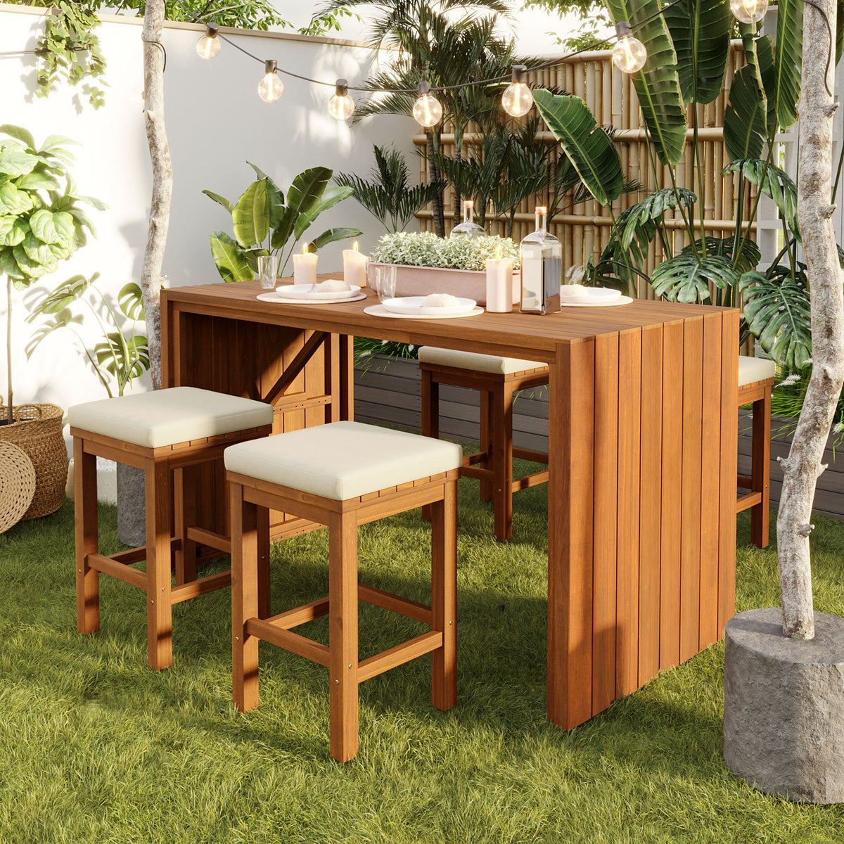 5 Piece Outdoor Bar Set, Patio Acacia Wood Bar Height Table & Four Stools with Cushions, Wood Dining Bar Set, Beige Cushion and Natural Wood