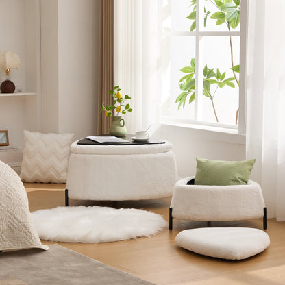 29.9"Wide 2 - Piece Upholstered Storage Ottoman Set Footrest Shoe Changing Stool with Metal Legs,Faux Fur Foot Stool Coffee Side Table With Reversible Lid for Living Room Bedroom Entryway. Ivory