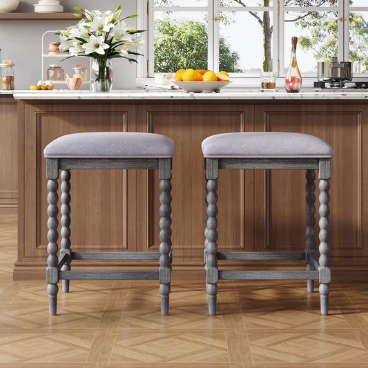 26''Counter Stools,Set of 2 with Upholstered Seat, Solid Acacia wood Frame, Foam-Padded Seat, Open Airy Design for Kitchen Island and Bar, Gray