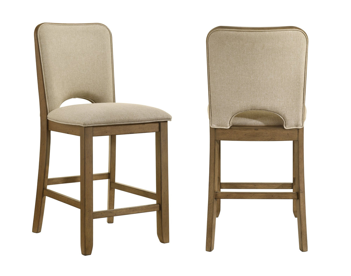 2pc Counter Height Chairs Padded Seating Soft Neutral Fabric Warm Wood Finish Dining Room Wooden Furniture Brown