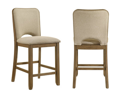 2pc Counter Height Chairs Padded Seating Soft Neutral Fabric Warm Wood Finish Dining Room Wooden Furniture Brown
