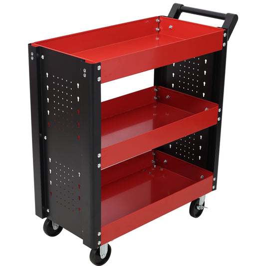3 Tier Rolling Tool Cart on Wheels, Heavy Duty Utility Tool Cart with Pegboard for Repair Shop, Garage, Warehouse, Red