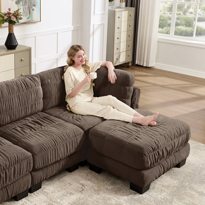 4 Seat Ruched Detailing Chenille Modular Sectional Sofa,Movable Ottoman,High-Density Foam,L Shape Thickened  Back Cushions,Easy Assembly,For Living Room,Bedroom,Brown