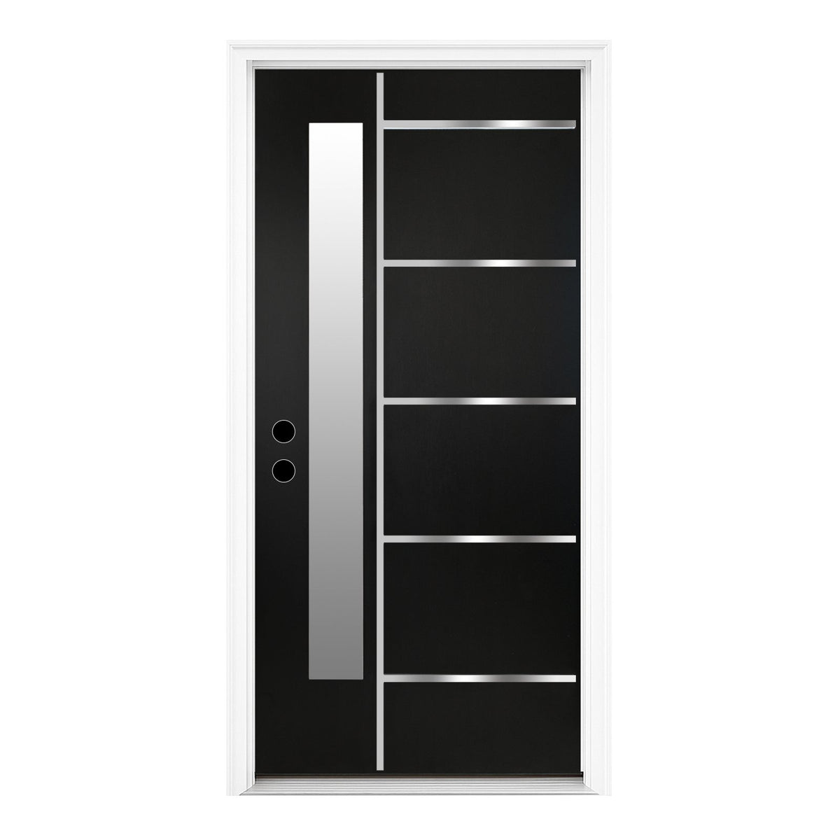 36 x 80 Textured Finished FRP Door, Double-sided Frosted Glass Modern Style for Home's Front Door,Right Hand Inswing Black Fiber Reinforced Panel Door With Metal Strip