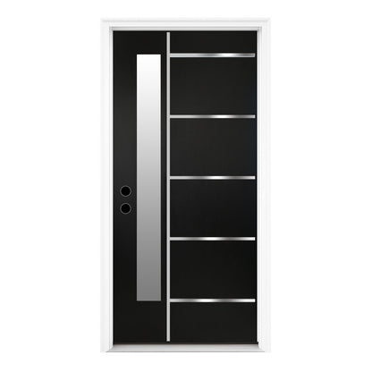36 x 80 Textured Finished FRP Door, Double-sided Frosted Glass Modern Style for Home's Front Door,Right Hand Inswing Black Fiber Reinforced Panel Door With Metal Strip