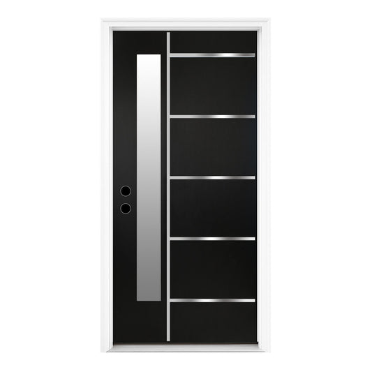 36 x 80 Textured Finished FRP Door, Double-sided Frosted Glass Modern Style for Home's Front Door,Right Hand Inswing Black Fiber Reinforced Panel Door With Metal Strip