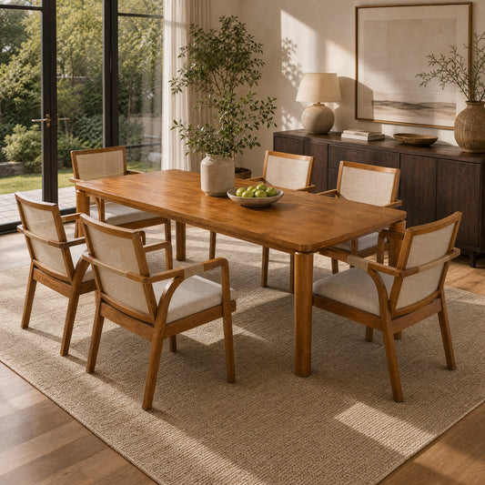 7‑Piece Dining Table Set for 6, 70" Rectangular Walnut Rubber Wood Dining Table, 6 Arm Chairs with Rattan‑Wrapped Arm Accent, Textilene Woven Backrest, Beige Fabric Upholstered Seat