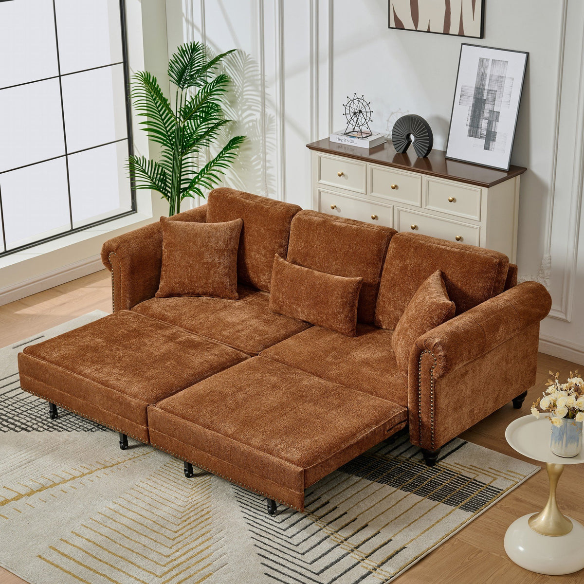 86" King Pull Out Sofa Bed, 3 in 1 Convertible Sleeper Sofa,Modern 3 Seat Couch with Nailhead Trim & Rolled Arm for Living Room, Apartment, Office, Caramel Chenille