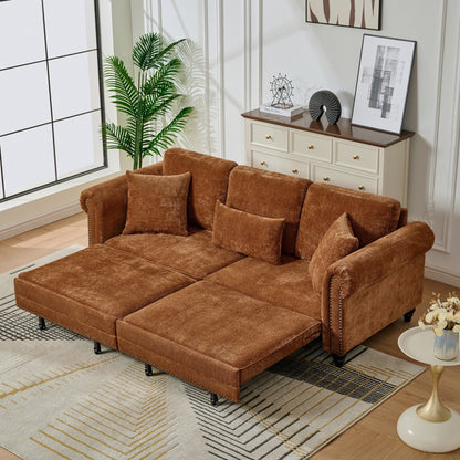 86" King Pull Out Sofa Bed, 3 in 1 Convertible Sleeper Sofa,Modern 3 Seat Couch with Nailhead Trim & Rolled Arm for Living Room, Apartment, Office, Caramel Chenille